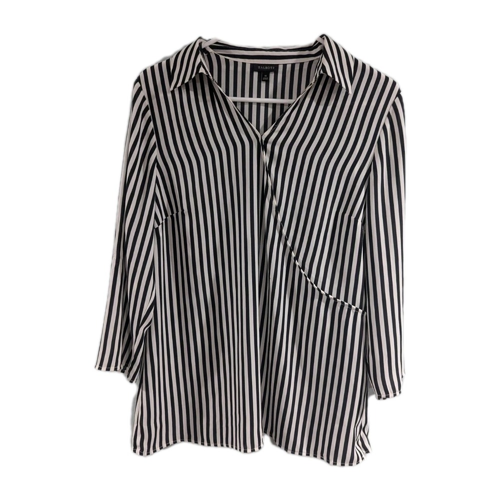 Talbots Faux Wrap Blouse Travel Career Classic Black White Stripe Womens M